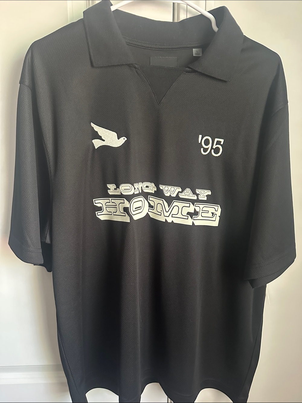 PacSun Black Polo with White 'Long Way Home' Graphic